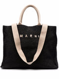 Marnilogo-embroidered raffia tote bag