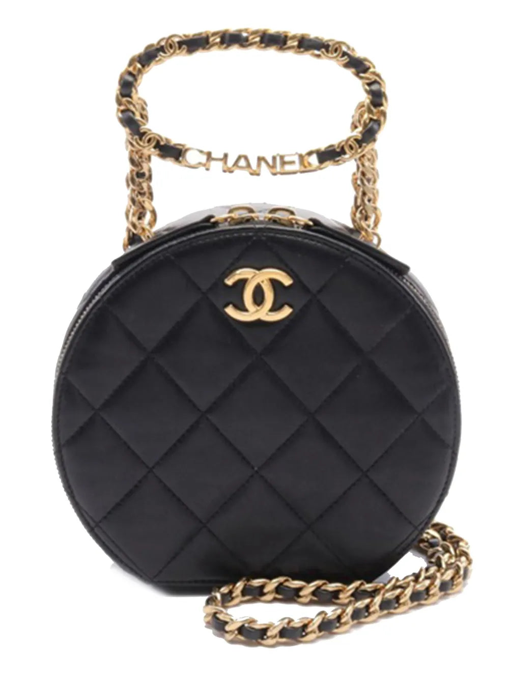 Pre-OwnedCHANEL Pre-Owned2021-2023 Quilted Lambskin Oval Logo Chain Top Handle Round Clutch on Chain satchel