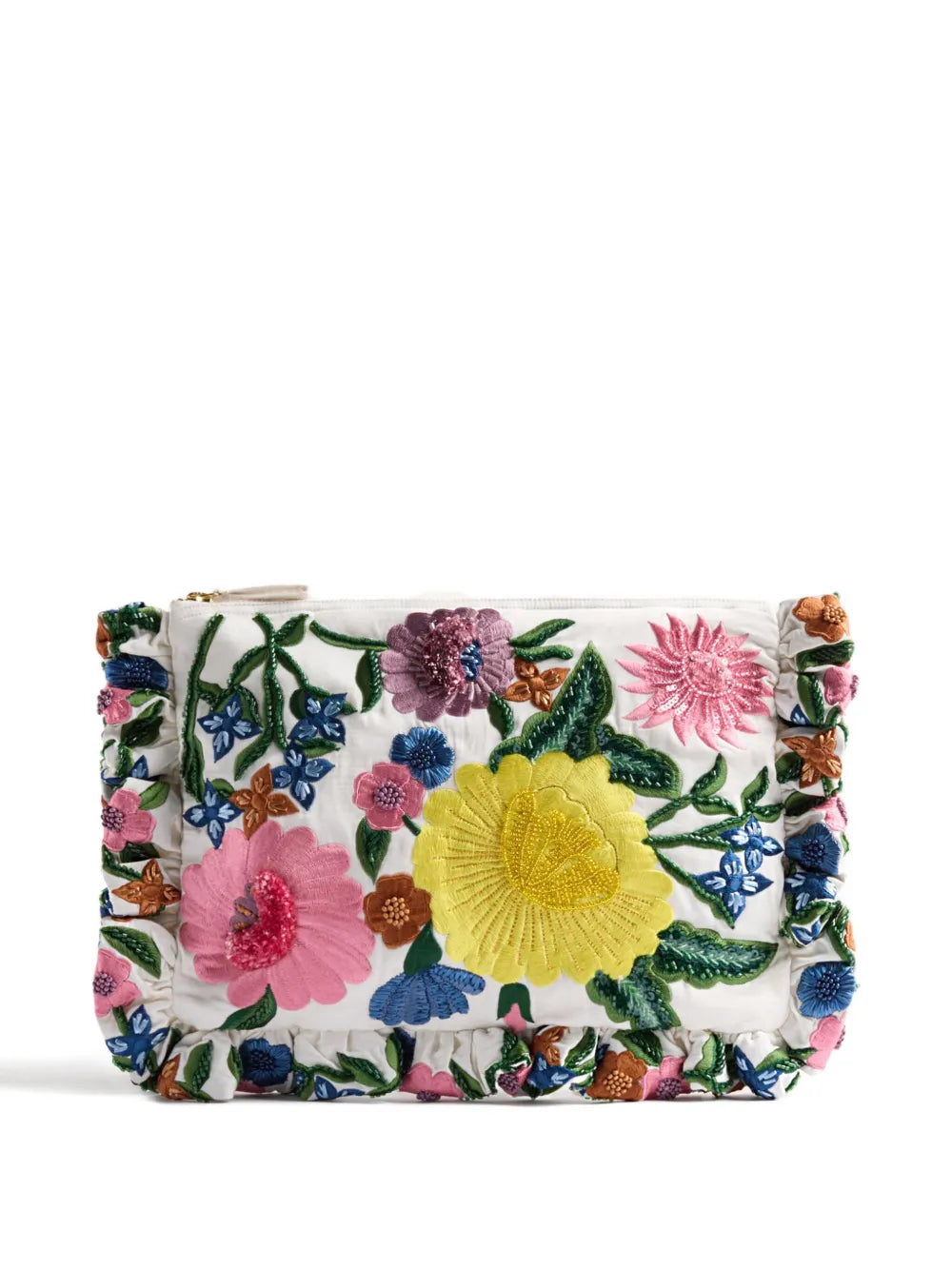 La DoubleJsmall floral-embroidery ruffled-detail clutch bag