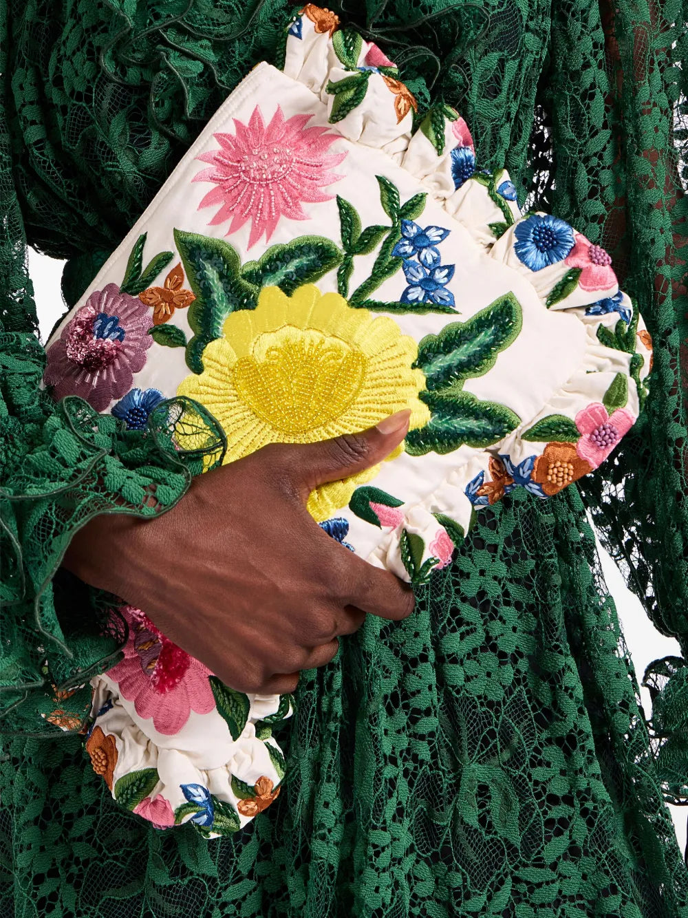 La DoubleJsmall floral-embroidery ruffled-detail clutch bag