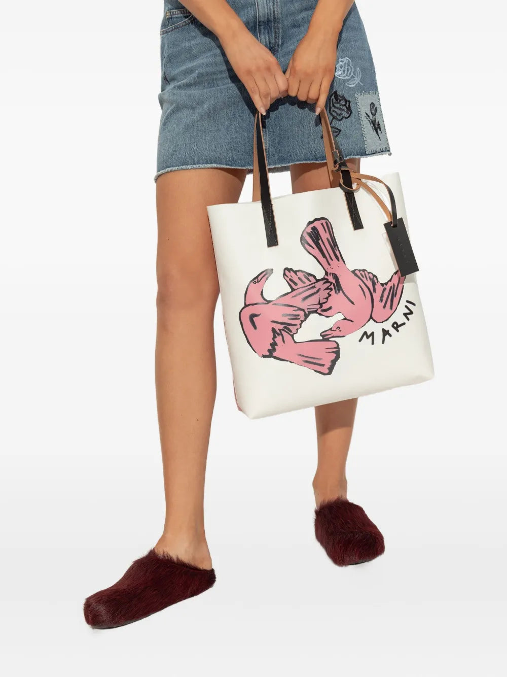 Marnibird-print leather tote bag