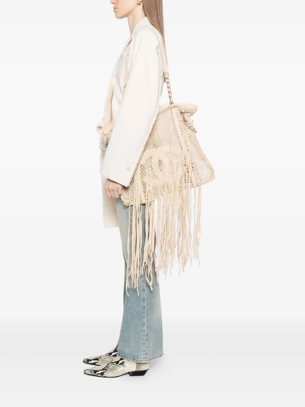 Pre-OwnedCHANEL Pre-OwnedResort 2011 Fringe Crochet Woven Mesh Large Leather Tote