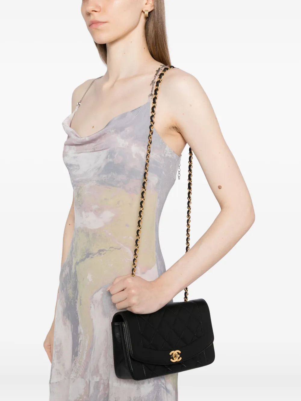 Pre-OwnedCHANEL Pre-Owned1991 Diana Medium Black Lambskin Diana Stripe Classic Flap Shoulder Bag