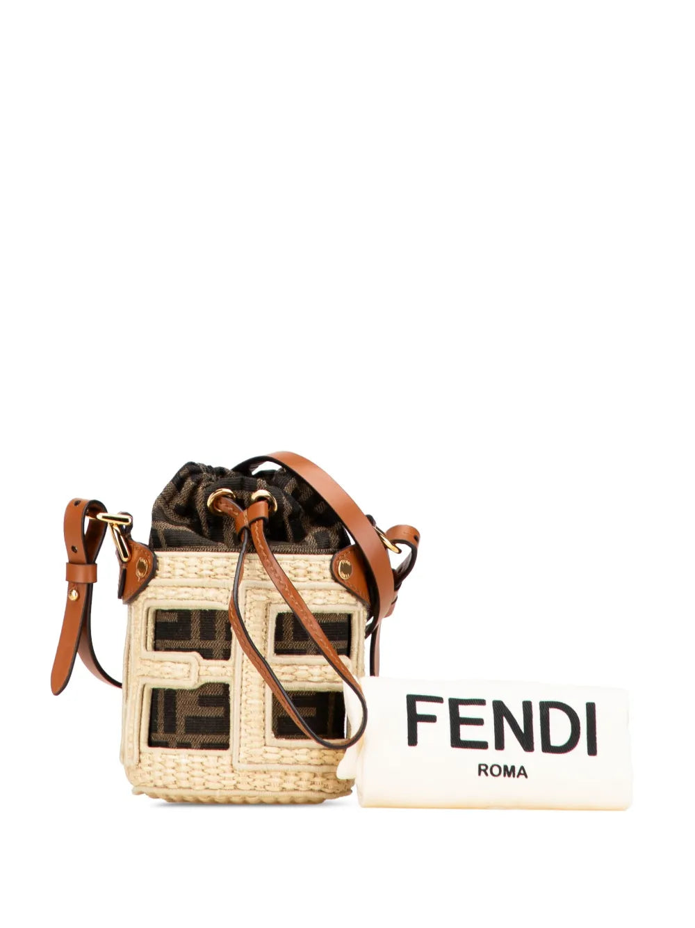 Pre-OwnedFendi Pre-Owned2018-2025 Nano Zucca Straw and Canvas Step Out Bag bucket bag