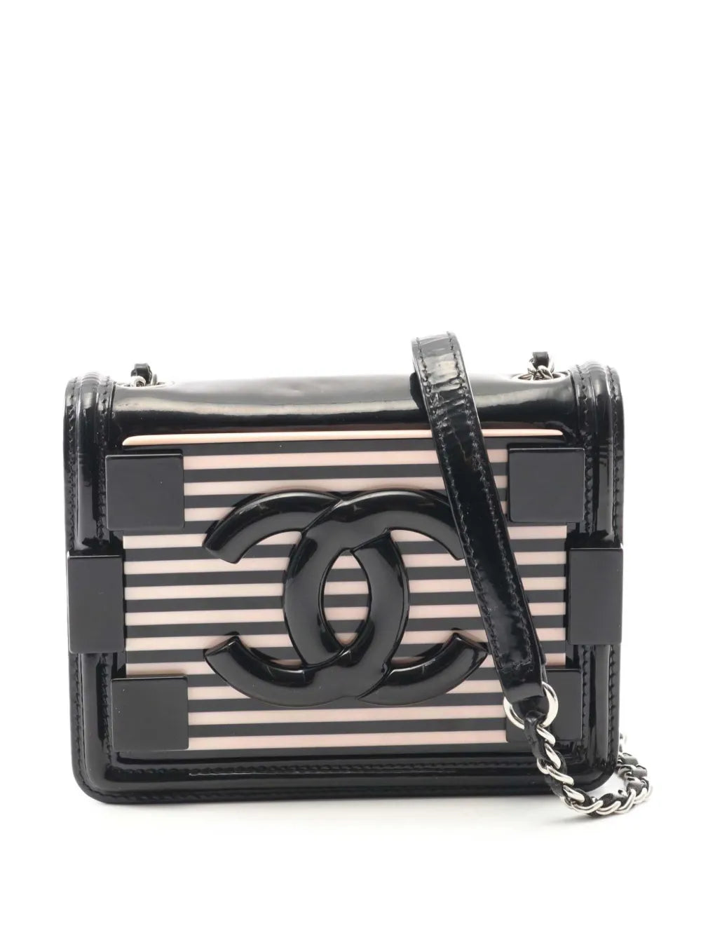 Pre-OwnedCHANEL Pre-Owned2014 Mini Patent and Acrylic Striped Boy Brick Flap crossbody bag
