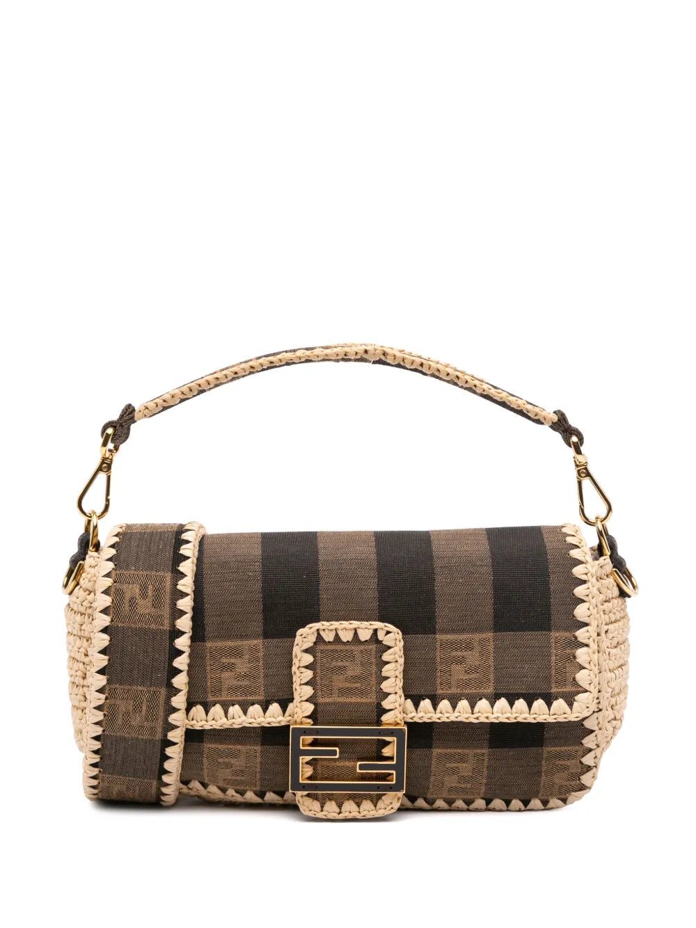 Pre-OwnedFendi Pre-Owned2000-2010 Pequin Gingham Canvas And Raffia Baguette satchel
