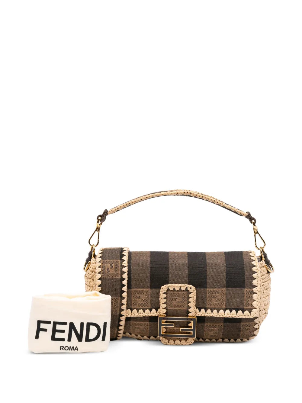 Pre-OwnedFendi Pre-Owned2000-2010 Pequin Gingham Canvas And Raffia Baguette satchel