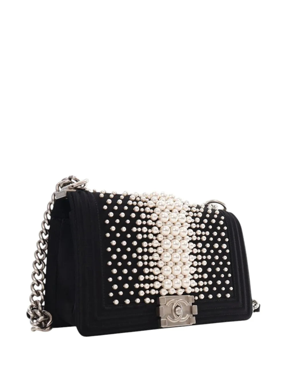 Pre-OwnedCHANEL Pre-Owned2015-2016 Old Medium Satin Pearl Embellished Boy Flap crossbody bag