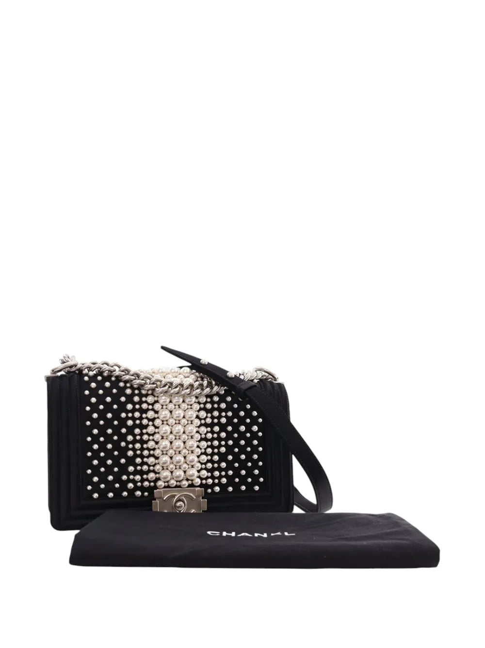Pre-OwnedCHANEL Pre-Owned2015-2016 Old Medium Satin Pearl Embellished Boy Flap crossbody bag