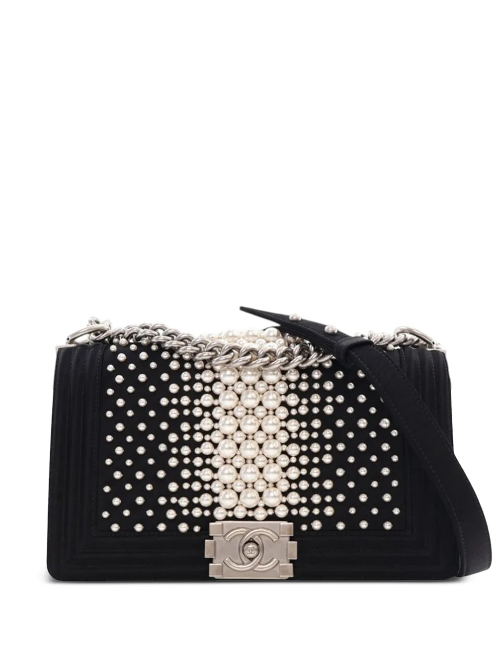Pre-OwnedCHANEL Pre-Owned2015-2016 Old Medium Satin Pearl Embellished Boy Flap crossbody bag