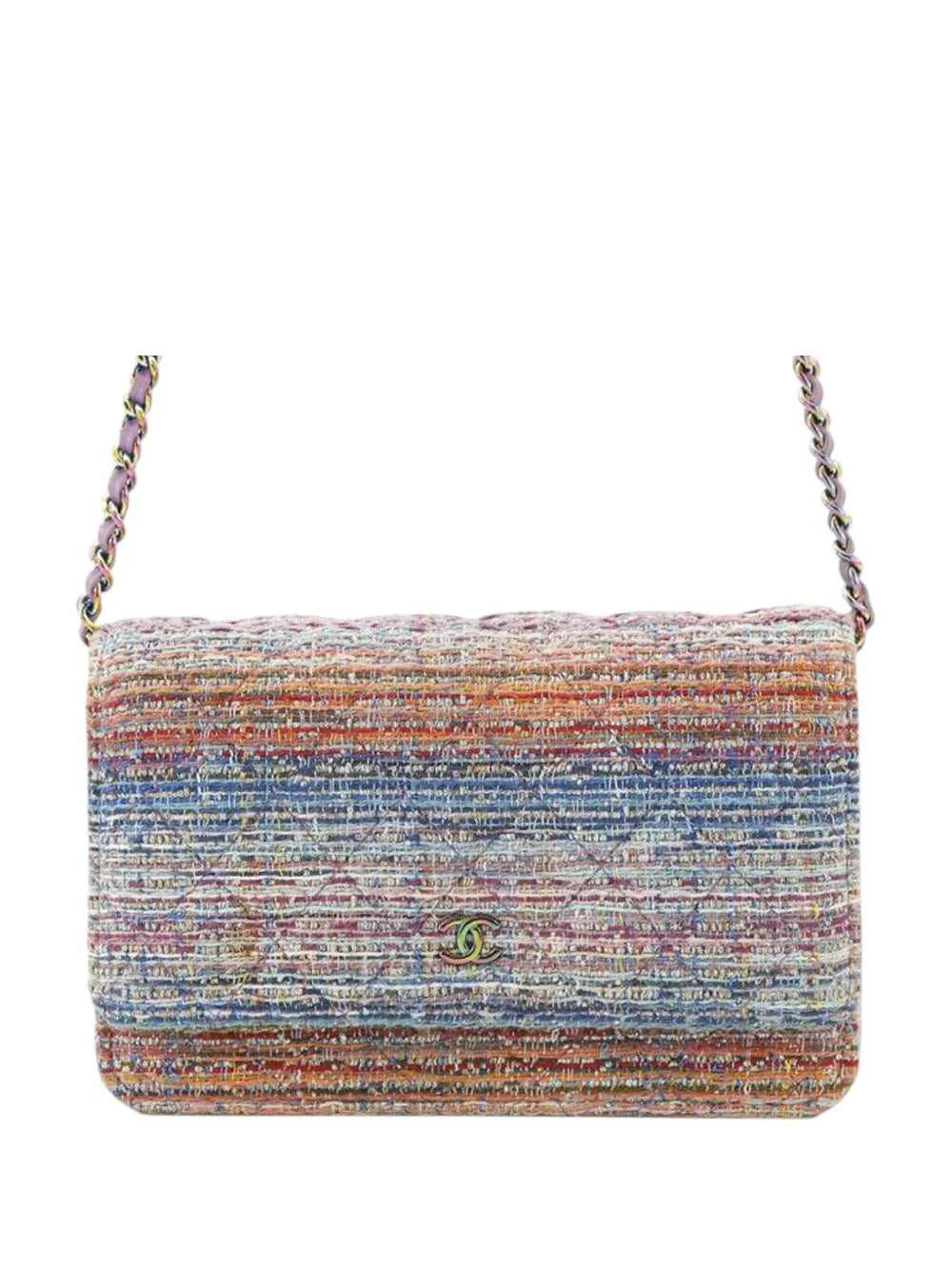 Pre-OwnedCHANEL Pre-Owned2019 CC Quilted Tweed Rainbow Hardware Wallet on Chain crossbody bag