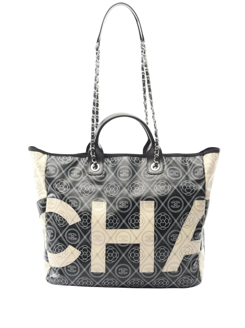 Pre-OwnedCHANEL Pre-Owned2018 Large Coated Canvas Camellia Logo Deauville Shopping Tote satchel