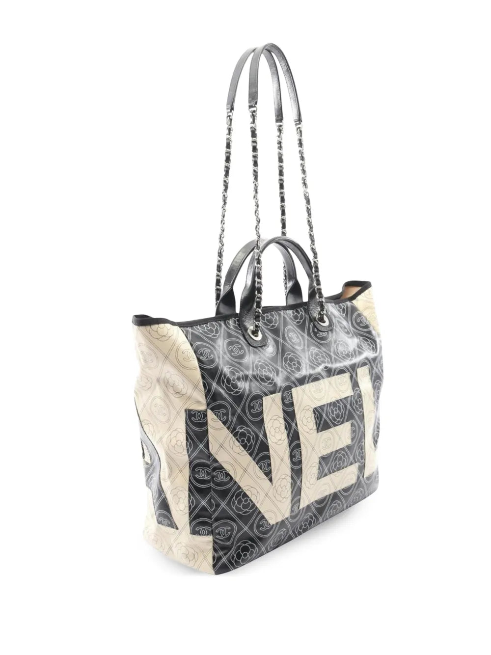 Pre-OwnedCHANEL Pre-Owned2018 Large Coated Canvas Camellia Logo Deauville Shopping Tote satchel