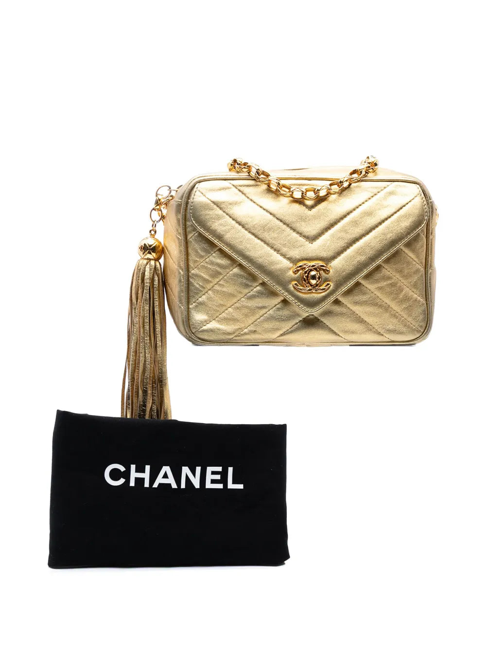 Pre-OwnedCHANEL Pre-Owned1991-1994 Chevron Metallic Lambskin Tassel Chain Camera Bag crossbody bag