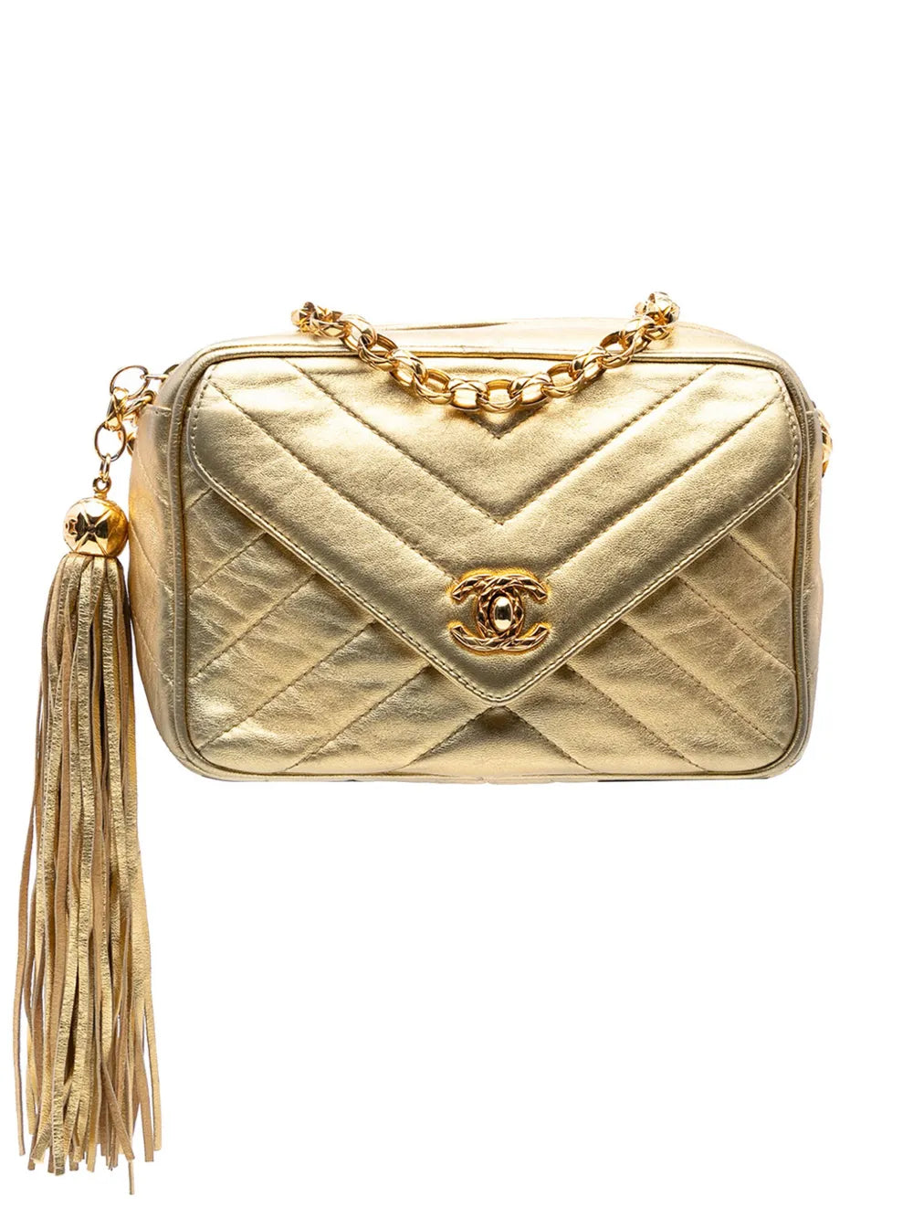 Pre-OwnedCHANEL Pre-Owned1991-1994 Chevron Metallic Lambskin Tassel Chain Camera Bag crossbody bag