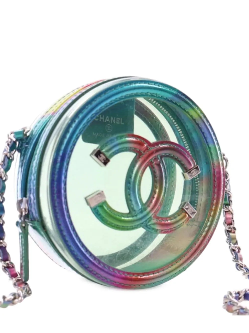 Pre-OwnedCHANEL Pre-Owned2019 PVC and Metallic Lambskin CC Filigree Round Clutch with Chain crossbody bag