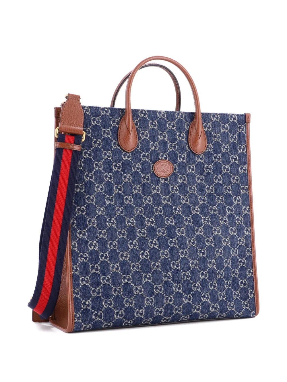 Pre-OwnedGucci Pre-OwnedInterlocking G Patch Web Strap Convertible GG Denim Tall tote bag