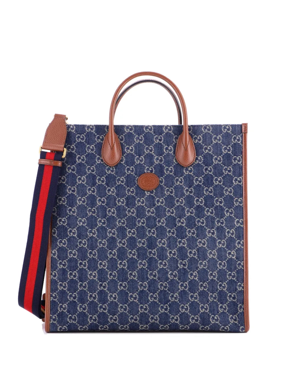 Pre-OwnedGucci Pre-OwnedInterlocking G Patch Web Strap Convertible GG Denim Tall tote bag