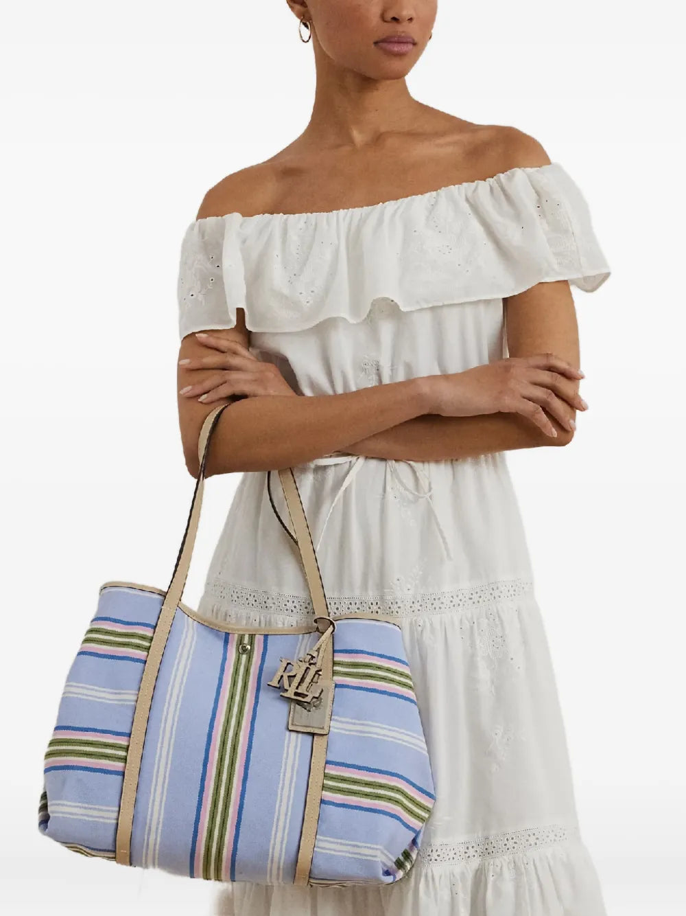 Lauren Ralph Laurenstriped-pattern logo-charm tote bag
