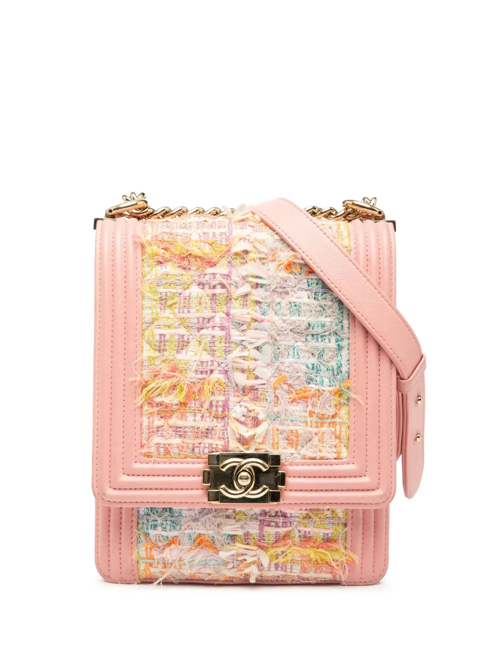 Pre-OwnedCHANEL Pre-Owned2014-2015 Quilted Tweed and Calfskin North South Boy Flap crossbody bag