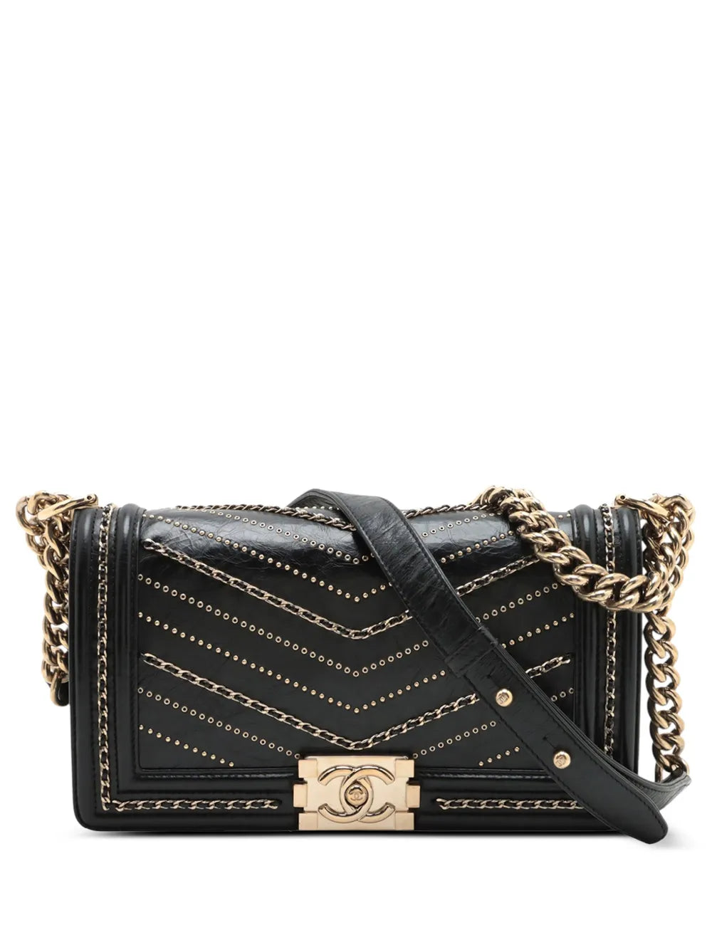 Pre-OwnedCHANEL Pre-Owned2018-2019 Old Medium Chevron Crumpled Calfskin Embellished Boy Flap crossbody bag